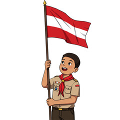 A cheerful young boy in a scout-like uniform proudly holds a waving red and white striped banner on a tall pole, looking up with a happy expression.