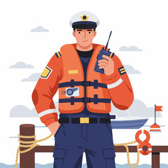 Fototapeta premium Confident Coast Guard Officer Using Radio Communication at Port