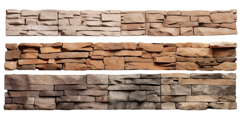 Three Samples of Rustic Stone Veneer Wall Cladding in Beige, Brown, and Gray Tones transparent background png