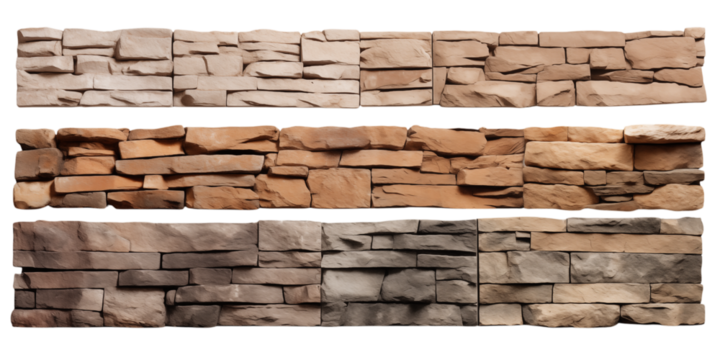 Three Samples of Rustic Stone Veneer Wall Cladding in Beige, Brown, and Gray Tones transparent background png