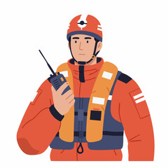Fototapeta premium Professional rescuer character in a safety helmet and life vest communicating on a portable radio during an emergency mission
