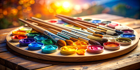 Obraz premium A vibrant wooden artist's palette filled with a spectrum of colorful paints and brushes, set against a warm, blurred outdoor background during sunset