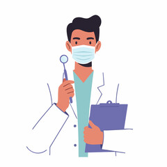 Professional male dentist character in a face mask holding a dental mirror and clipboard, representing modern oral healthcare and clinic services