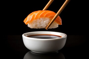 Salmon nigiri sushi being dipped into soy sauce with chopsticks on black background