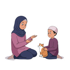 A loving Muslim mother and her son are sitting on the floor, smiling and gently petting their adorable ginger and white cat in a heartwarming family moment.