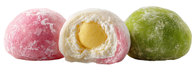 Three mochi, one pink, one white with a yellow center, and one green, sit side-by-side.  The mochi are round, and have a textured surface. A creamy filling is visible within the white mochi