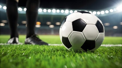 Close up of a soccer ball on a green field with a referee standing in the background during a night game