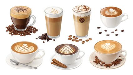 Coffee and cappuccino PNG set &ndash;  realistic coffee drinks, latte art, isolated transparent background