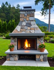 Outdoor stone fireplace with vibrant garden and mountains