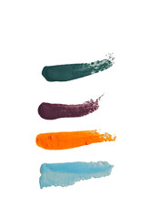 Pinceladas artísticas en verde, vino tinto, naranja y azul sobre fondo transparente