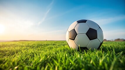 Fototapeta premium Soccer ball resting on lush green grass under a bright blue sky with sun flare