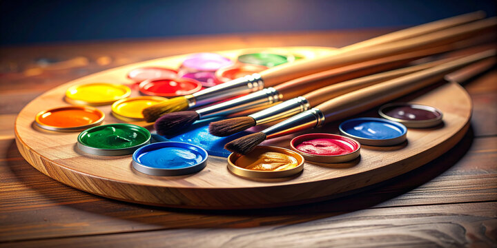 A close-up view of an artist's wooden palette holding a spectrum of vibrant paint colors and a collection of brushes