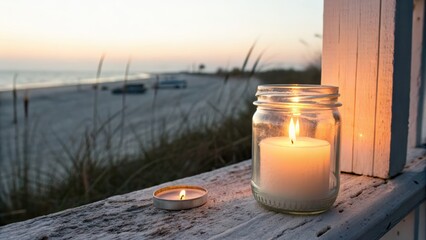 Serene beach sunset with candles and gentle waves