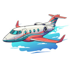 Fototapeta premium A colorful cartoon illustration of a luxury private jet soaring through a bright blue sky with fluffy white clouds, conveying speed, wealth, and travel.
