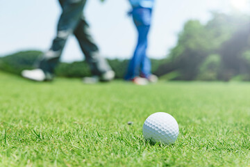 新緑が綺麗なゴルフ場のグリーンと白いボール