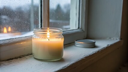 Glowing candle on windowsill with raindrops creating a cozy atmosphere