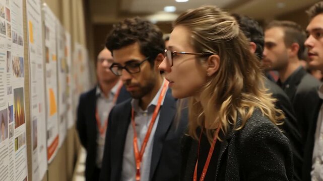 Conference attendees look at posters during a business convention event day - Powered by Adobe