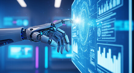 Humanoid robot hand interacting with digital hologram