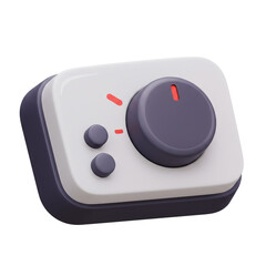 A stylized rendering of a compact audio interface or control panel with a large volume knob, two buttons, and red indicator lights on a clean background.