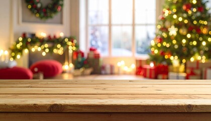 Empty wooden table with christmas theme in background