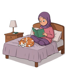 A young Muslim woman in a hijab enjoys a quiet evening reading a book in bed, with her adorable ginger cat sleeping peacefully beside her in a cozy bedroom.