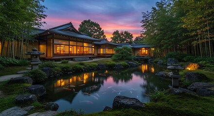 Naklejka premium A serene Japanese garden features a traditional building reflected in a tranquil pond at dusk, surrounded by lush greenery.