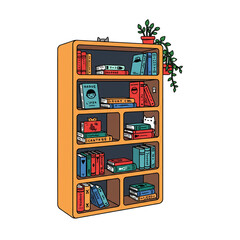 A charming cartoon illustration of a tall, orange bookshelf filled with colorful books, with a cute white cat peeking from a shelf and a green potted plant on top.