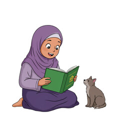 A cheerful young Muslim girl in a purple hijab sits cross-legged on the floor, happily reading a green book to an adorable little cat sitting beside her.