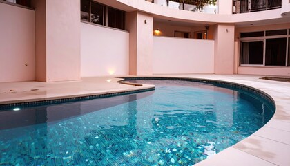 Fototapeta premium Curved Pool with Blue Tile and Pastel Walls