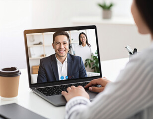 People on video conference call displayed on laptop screen, remote work style
