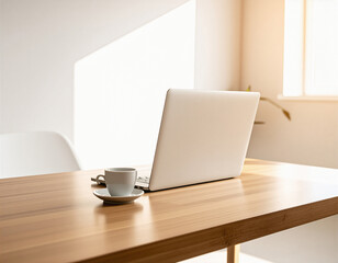 Laptop and coffee cup on a clean wooden desk, sunlight from window, minimal style
