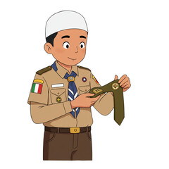 A young boy in a tan uniform and white cap carefully examines a decorated epaulet, showcasing a sense of duty, pride, and attention to detail in his youth.