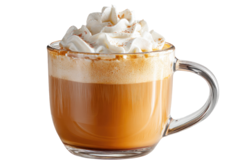A glass mug of a creamy coffee drink.  Whipped cream topping,  brown coffee base