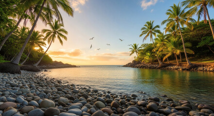 Serene Sunset at Tropical Cove Beach: Palm Trees, Pebbles, and Calm Waters
