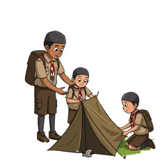 An adult scout leader teaches two young scouts how to properly assemble and pitch a tent during an outdoor camping activity, fostering teamwork and survival skills.