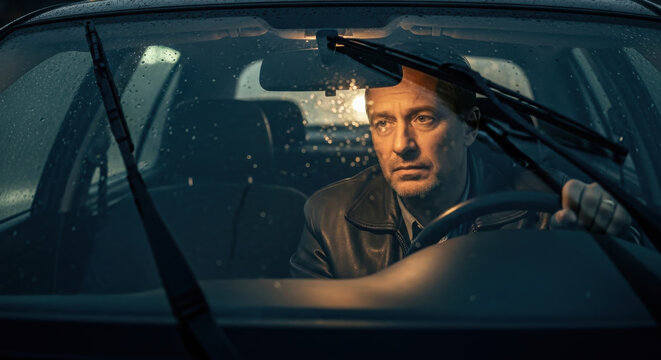 Pensive man waiting in a car on a rainy night. - Powered by Adobe