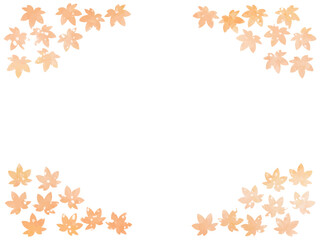 モミジの紅葉イメージの背景素材。水彩風テクスチャー。葉っぱのシルエット。やさしい色調。光の粒子や水滴の輝き。コーナータイプ。