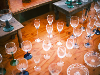 Vintage Crystal Glassware on Wooden Table