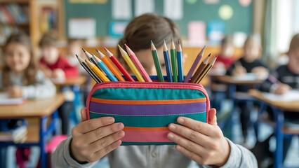 Student holding pencil case full of colored pencils in classroom, conveying education and creativity.
