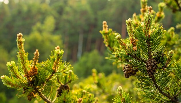 Pine tree branches with cones in a lush forest backdrop