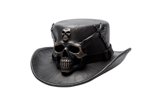 Black Leather Skull Cowboy Hat: Gothic Fashion Accessory transparent background png