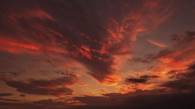 Time-Lapse Dramatic Evening Red Orange Clouds On Dark Blue Sky 