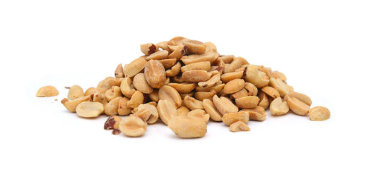 Dried peanuts in closeup on white