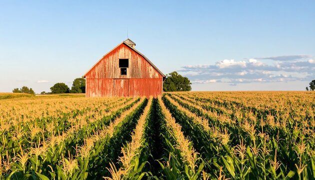Red barn in cornfield