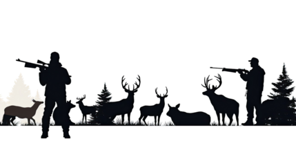 Silhouette of hunters aiming at deer in forest landscape with pine trees isolated on white background