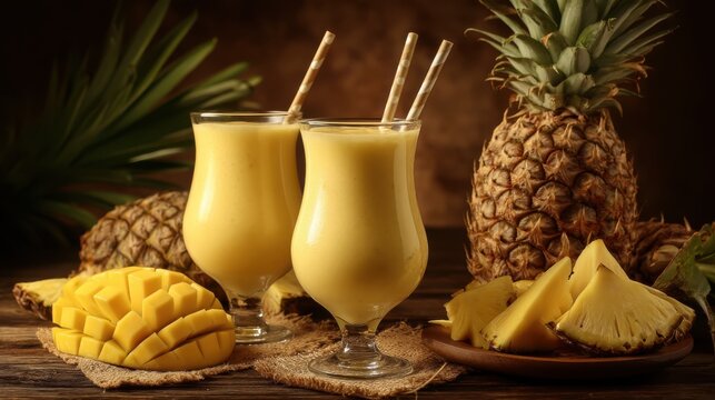 Tropical smoothie preparation kitchen food photography cozy atmosphere close-up refreshing beverage concept