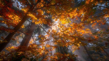 Autumn Forest Trees with Sunlight Rays Filtering Through Colorful Leaves