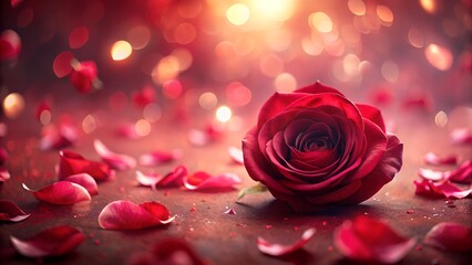 Red rose with petals and a luminous bokeh background.