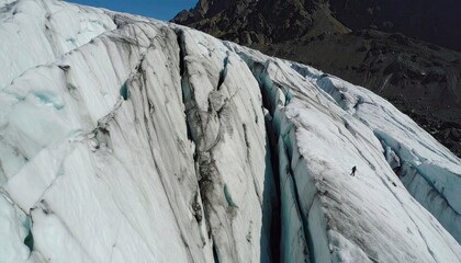 Aerial View of Glacier Crevasse Grid Turquoise Ice