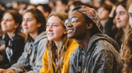 Diverse group of young people attending a conference or lecture audience view